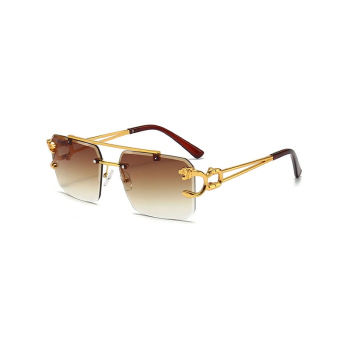 Metal Leopard Print Decorated Double Bridge Rimless Sunglasses